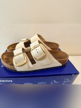 Birkenstock Arizona Big Buckle Ecru Leather Gold Sandals EU 40 Women’s 9